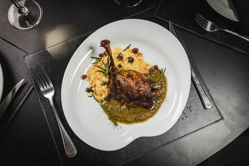 Delicious Contemporary Classic Food Dish Plate Menu Lunch Dinner Gourmet Dessert Chef Pasta Shrimp on the Table