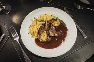 Delicious Contemporary Classic Food Dish Plate Menu Lunch Dinner Gourmet Dessert Chef Pasta Shrimp on the Table