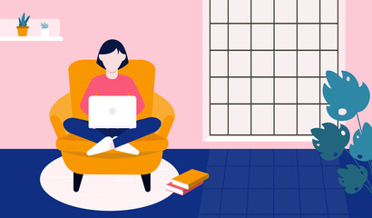 Freelance girl. Vector illustration in flat design. Young woman is working on laptop while sitting in armchair