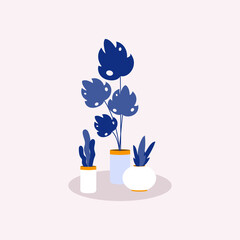 Decorative plants. Vector illustration in flat design. Lush monstera and other bushes in vases isolated on beige backdrop