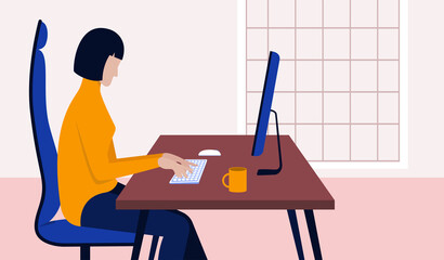 Home office. Vector illustration in flat design. Woman is working on computer at her house