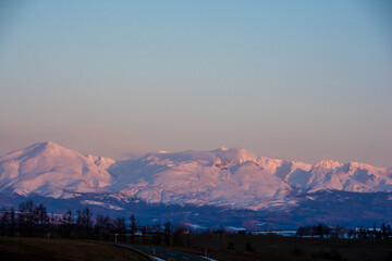 Fototapeta premium 夕日を反射して輝く雪山 十勝岳 