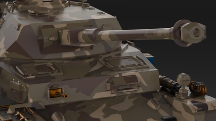Metallic military camo painting tank on black-white flash lighting background. Concept image of power strength, dynamic strategy and Strong system. 3D illustration. 3D high quality rendering. 3D CG.