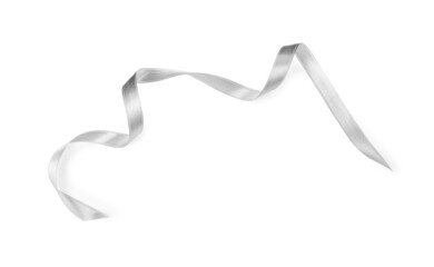 Silver satin ribbon on white background, top view