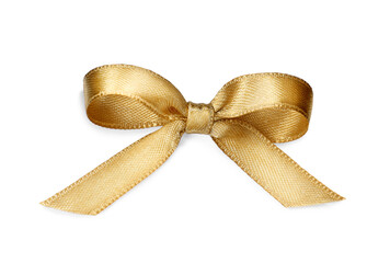 Golden satin ribbon tied in bow on white background, top view