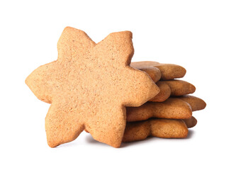 Delicious Christmas gingerbread cookies on white background