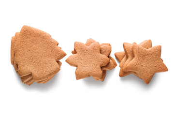 Delicious Christmas gingerbread cookies on white background