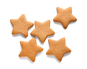 Delicious Christmas gingerbread cookies on white background