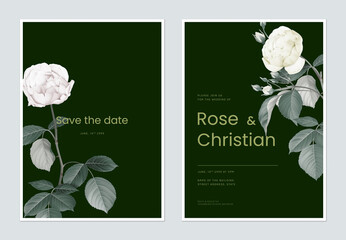 Floral wedding invitation card template design, pink and yellow roses with leaves on dark green