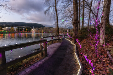 Trail in a park around Lafarge Lake with Christmas Lights. Located in Coquitlam, Greater Vancouver, British Columbia, Canada.