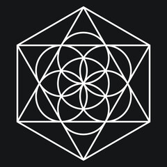 Simple overlapping circles and star design inside a hexagon in white outline on a black background