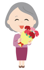 カーネーションの花束を持った女性