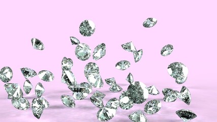 Shiny Diamonds falling under light pink lighting. 3D illustration. 3D CG. 3D high quality rendering.