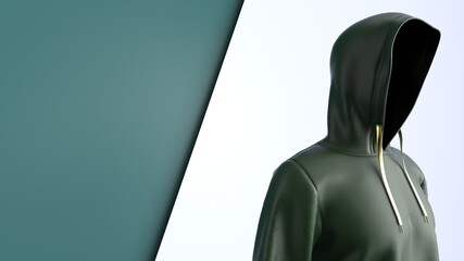 Anonymous hacker with dark green color hoodie in shadow under green-white background. Dangerous criminal concept image. 3D CG. 3D illustration. 3D high quality rendering.