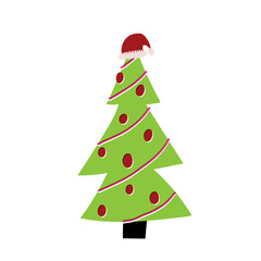 Funky decorated Christmas tree in Santa's hat, cute symbol of the New 2022 year in Santa Claus's headwear. 