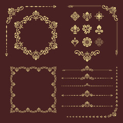 Vintage set of horizontal, square and round elements. Different golden elements for backgrounds, frames and monograms. Classic patterns. Set of vintage patterns