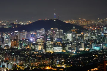 Fotobehang 인왕산 서울 도심 야경, Inwang mountain, Night view of Seoul, Republic of Korea © 지흔 신