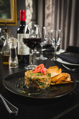 Delicious Contemporary Classic Food Dish Plate Menu Lunch Dinner Gourmet Dessert Chef Pasta Shrimp on the Table