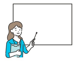 指示棒を持ってホワイトボードを指す女性の会社員のベクターイラスト素材／ビジネス／ビジネスウーマン／質問／説明