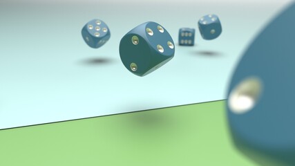Rolling blue-white dices on lime green and sky blue planes background. 3D CG. 3D illustration. 3D high quality rendering.