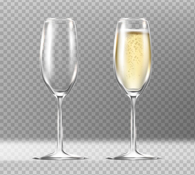 3d realistic vector icon. Set of two glassses with champagne. Empty and full. Isolated on transparent background.