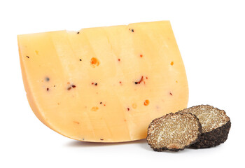 Piece of delicious cheese with cut black truffle on white background