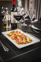 Delicious Contemporary Classic Food Dish Plate Menu Lunch Dinner Gourmet Dessert Chef Pasta Shrimp on the Table