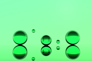 Transparent green balls on a green background asbtraction 3D renderer. Green saturated background concept abstraction glass balls. Design background green color minimalism serenity.