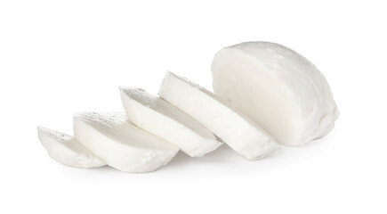 Delicious mozzarella cheese slices on white background