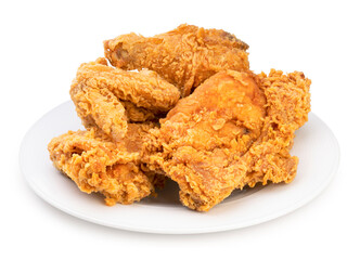 Fried chicken in white plate isolated on white background, Fried chicken on white With clipping path.
