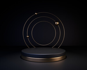 Realistic 3d render. Podium Black Gold Art deco style. Dark Glamorous shiny metal stand for product presentation. Circles And cylinders on matte background stage. Luxury style rendering
