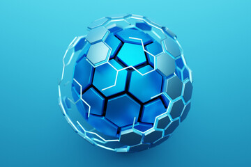 3D rendering.  Transparent blue ball. Close-up geometric figure of a ball  on blue background