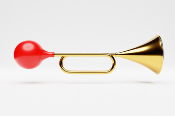 3d illustration of a trumpet musical instrument in gold-red color in cartoon style on a white isolated background.