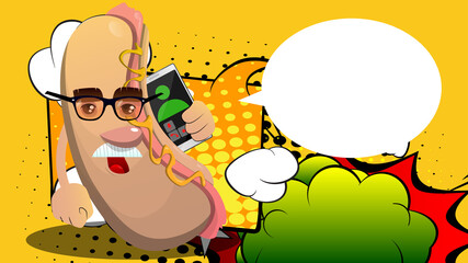 Hot Dog talking on cell phone. American fast food as a cartoon character with face.