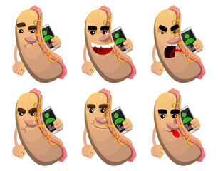 Hot Dog talking on cell phone. American fast food as a cartoon character with face.