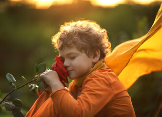 A little boy, a prince, sits with a rose flower at sunset