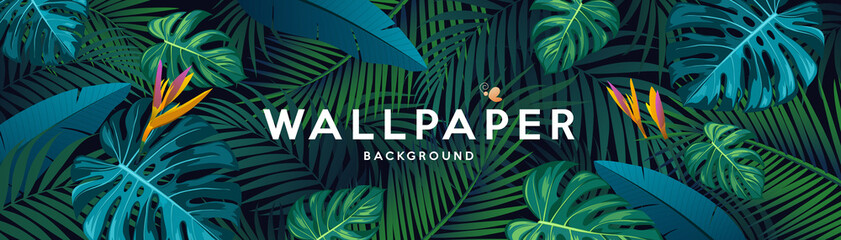 Tropical green leaf wallpaper banner design background, Eps 10 vector illustration
