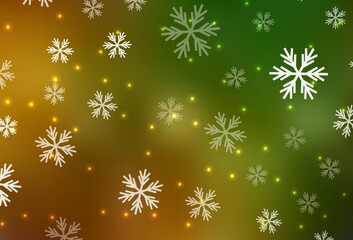 Dark Green, Yellow vector background with xmas snowflakes, stars.