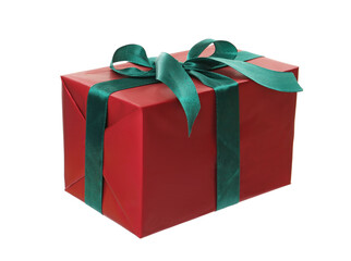Red gift box with green bow isolated on white