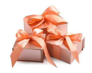 Gift boxes decorated with satin ribbon and bows on white background