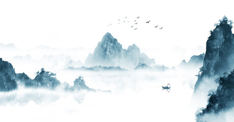 Nieuwe Chinese blauwe artistieke conceptie landschapsschilderkunst