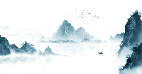 Rolgordijnen Nieuwe Chinese blauwe artistieke conceptie landschapsschilderkunst © 心灵艺坊