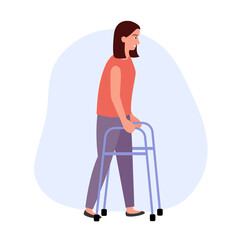 Woman using walker support in flat design on white background.