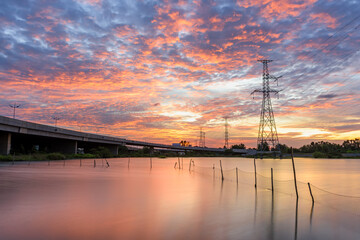 Sunset on the lake beside highway in Hochiminh city, Vietnam.