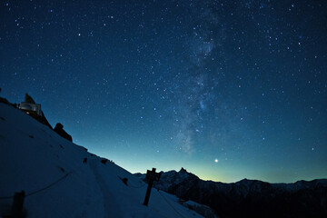 槍ヶ岳と星空。北アルプスの夜空。