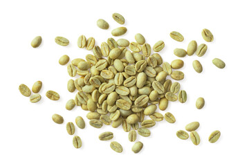 Green coffee beans isolated on white background, top view