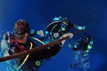 Scuba divers on decompression line.