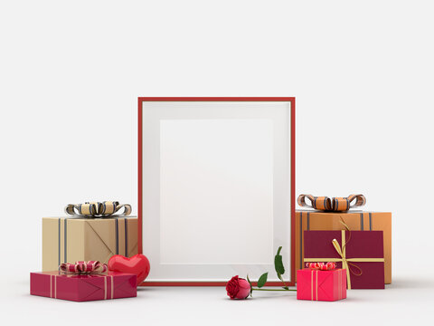 Happy Valentines Day. Celebration party with gift box decorations and picture frame mockup template. 3d Rendering