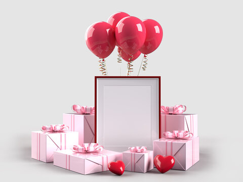 Happy Valentines Day. Celebration party with gift box decorations and picture frame mockup template. 3d Rendering
