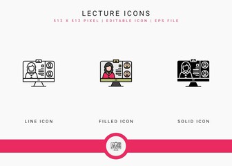 Lecture icons set vector illustration with solid icon line style. Online video webinar concept. Editable stroke icon on isolated background for web design, user interface, and mobile app